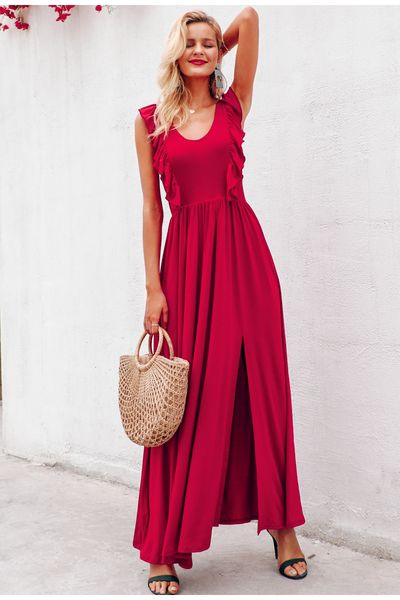 

designer dresses women designer clothes pleated red long ruffles o neck split maxi summer dress elegant female club vestidos fiesta, Black;gray