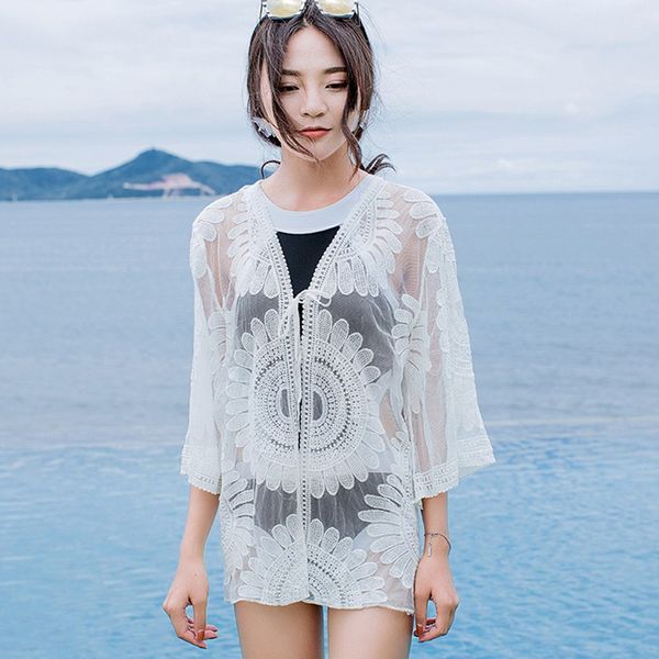 

lady summer solid cardigan loose long sleeve blouse beach sun protection clothes, White