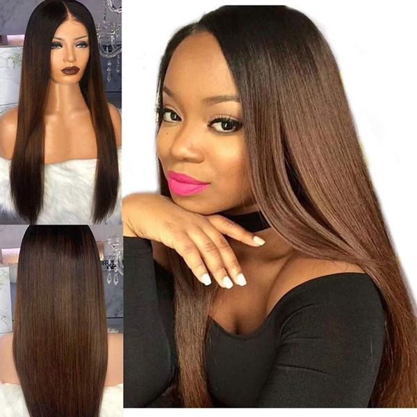 

1b/30 ombre two tone lace front human hair wigs baby hair around long silky straight remy brazilian blonde full lace wig bleached knots, Black;brown