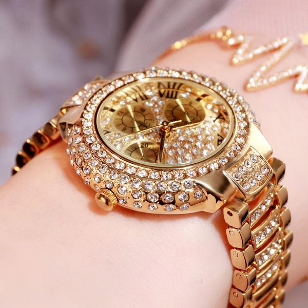 

bw popular style three-eye women's bracelet watch full of drill fashion lady waterproof quartz luxury watch women ladies, Slivery;brown