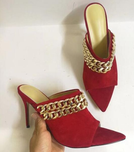 

stiletto high heels sandals gold metal chain garnish pointed toe peep toe sandals slingback stage shoes women, Black