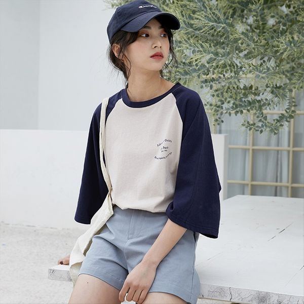 

2019 t-shirt shoulder color matching short sleeve t-shirt female loose letter bfwind student half sleeve top, White