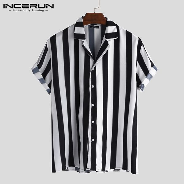

incerun summer men striped shirt short sleeve button turn-down collar brand shirts loose casual hawaiian blouse streetwear 2020, White;black