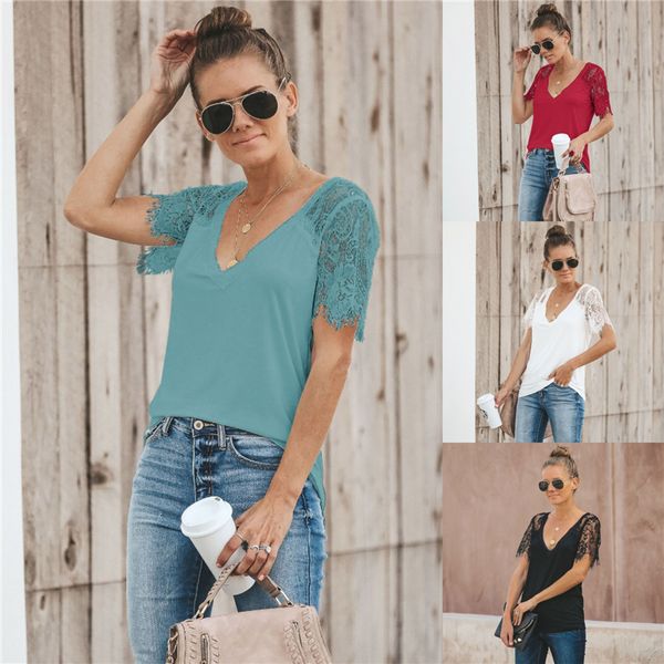 

2019 womens summer shirts casual tee deep v neck short sleeve lace loose fits tunic blouses, White
