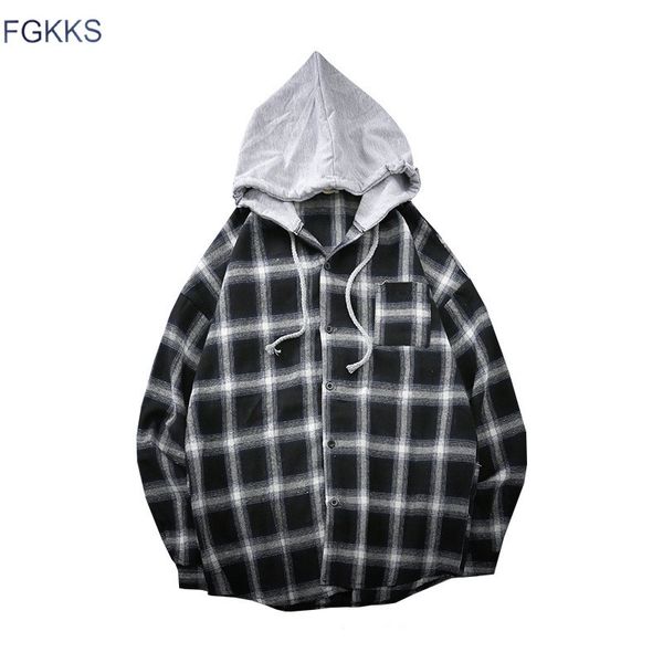 

men's casual shirts fgkks men hooded plaid spring summer long sleeve brand male thin section shirt, White;black