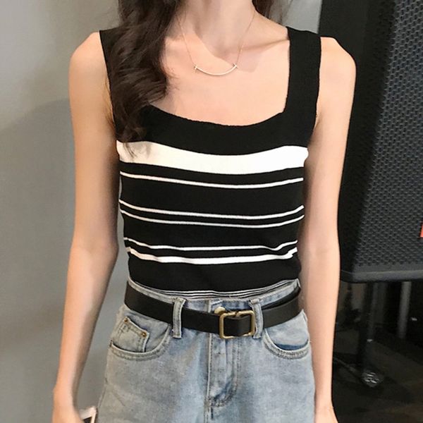 

women camisole slim square neck tank striped knitted casual camisole, White
