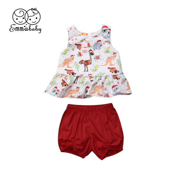 

toddler kids baby girl flower bear print outfit sleeveless rompers t-shirt +pants seaside xmas cotton dress clothes 2pcs set, White