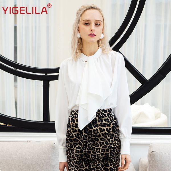 

bow shirt women summer chiffon long sleeve ladies loose lantern sleeve fairy foreign shirts hauts et blouses pour femmes, White