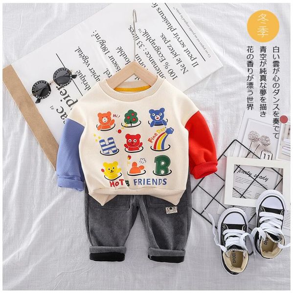 

2019 autumn winter baby infant clothing suits toddler boys girls clothes sets cartoon plush coat pants kids child costume suit, White