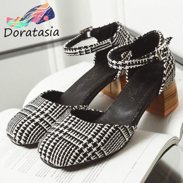 

doratasia new girl fashion plaid sandals office elegant shallow sandals women summer high chunky heels shoes woman, Black