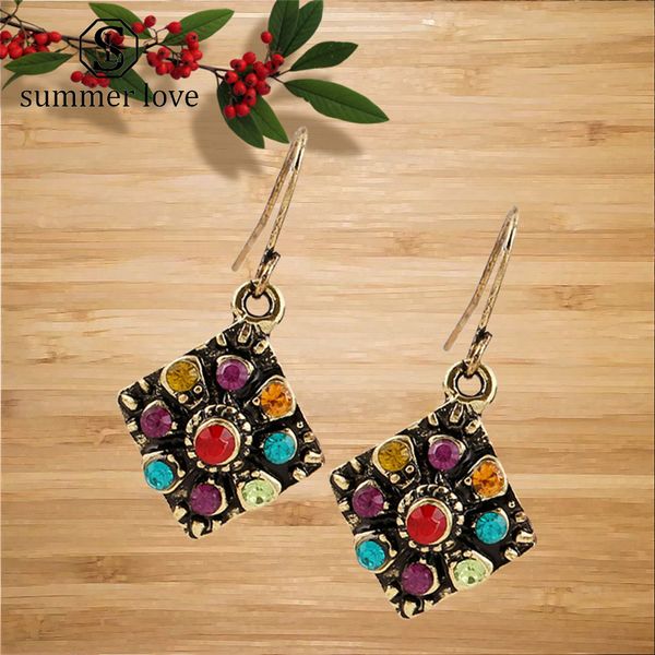 

bohemian ethnic vintage golden colorful crystal earrings for women fashion square hook dangle earring jewelry gift, Silver