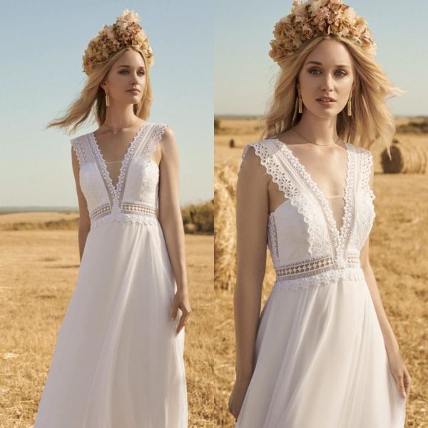 2020 Modest Rembo Styling Elegante scollo a V senza maniche Abiti da sposa Applique in pizzo Abiti da sposa Lunghezza pavimento robe de mari￩e