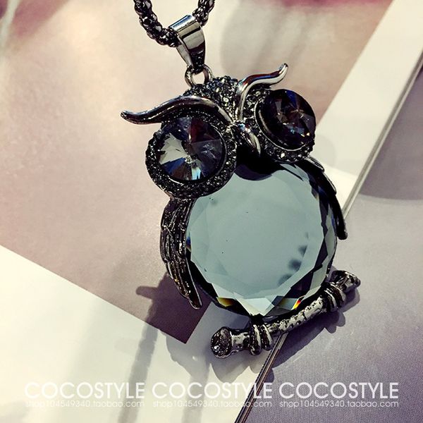 

maxi full diamonds temperament owl long necklace, Silver