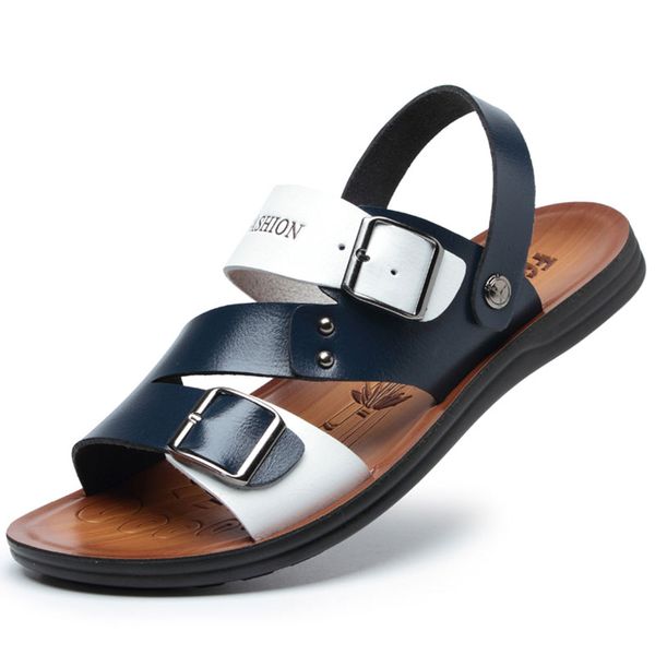 

casual summer man sandals pu leather lace-up men sandals slippers comfortable beach non-slip men shoes, Black