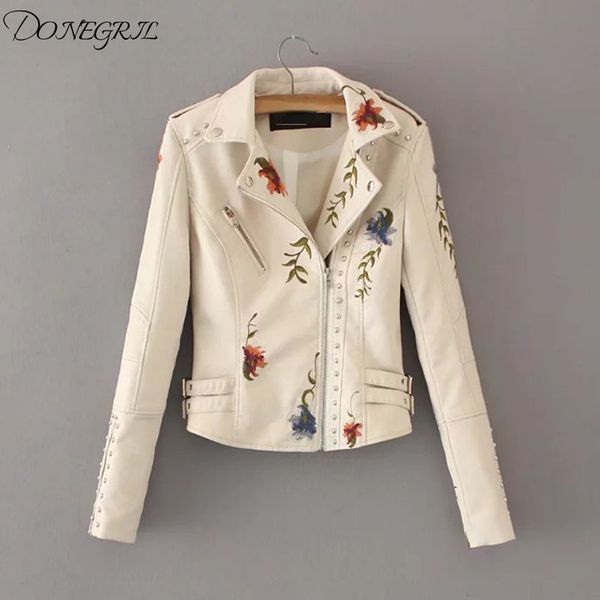 

embroidered leather jacket female short new 2018spring style retro jacket embroidery rivet pu machine leather, Black