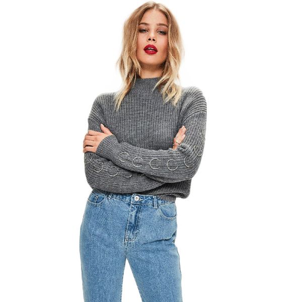 

fashion-autumn solid gray vintage women sweater turtleneck full sleeve steel ring lady casual preppy style pullovers, White;black
