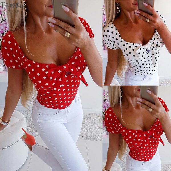 

women short sleeve boho polka dot loose shirts fashion ladies summer casual slim blouse shirt new, White