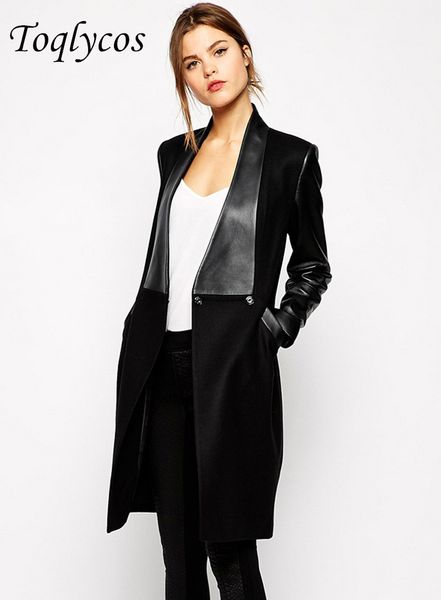 

women's long slim woollen overcoat with leather collar and black fashionable coat 356si