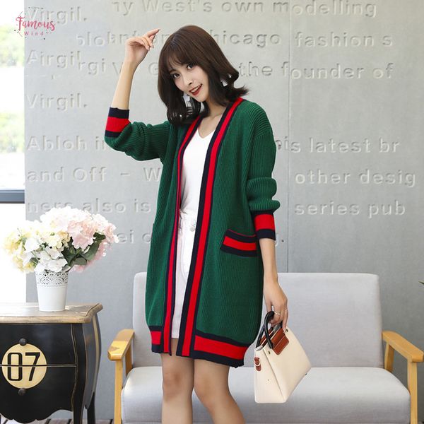 

women jacket coat autumn new winter long sleeve contrast striped patchwork cardigan knitted casual loose pocket jacket manteau femme hiver, Black;brown