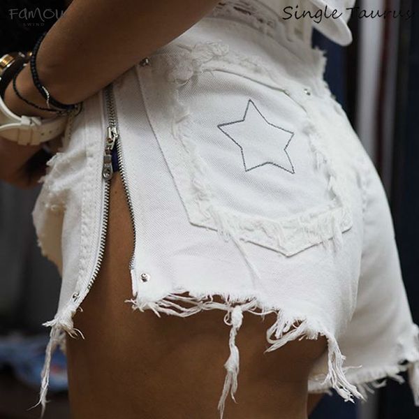 

Waist Shorts Embroidery Star White Jeans Shorts Women Hole Tassel Denim High Summer High Street Side Zipper Spodenki Damskie