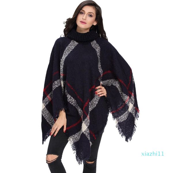 

fashion-wholesale- [visual axles] 2016 plus size winter warm women's wool turtleneck sleeveless pullovers plaid knit sweater poncho, White;black