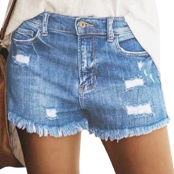 

summer ripped jeans shorts with tassel mid-waist button denim shorts casual short trousers for women, Blue