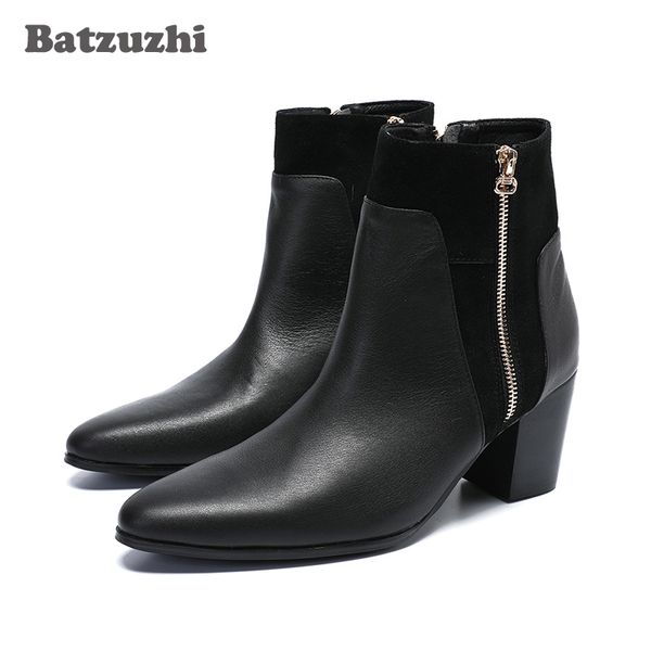 

5cm high heels boots men genuine leather dress boots ankle zip pointed toe botas hombre party gentlemen, big us6-12, Black