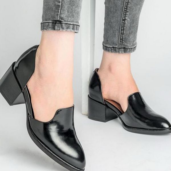 

women's fashion middle heel pu leather shoes solid color slip on footwear female pointed toe thick heel shallow boots 2019 new, Black