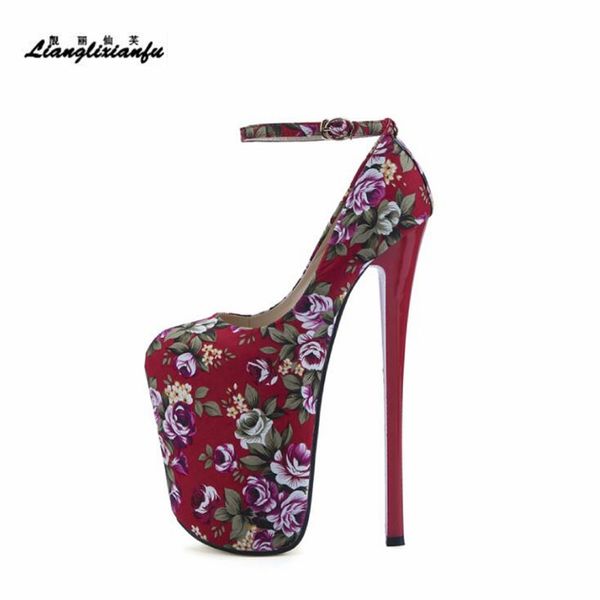 

llxf stiletto catwalk shows nightclub round toe 22cm thin heels red shoes woman female platform multicolor ankle strap sm pumps, Black