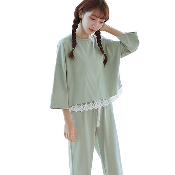 

women girl long sleeve t-shirt pant home suit lace stitching mint green pajamas suit js25, Black;red