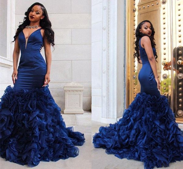 

vintage royal blue пром платья sexy глубокий v шеи без рукавов русалка рябить органзы многоуровневого bottom формальное african вечерние пла, Black