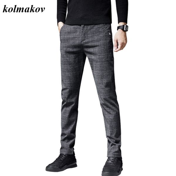 

kolmakov new arrival style men plaid leisure trousers slim straight cotton thick pants size 28-38, Black