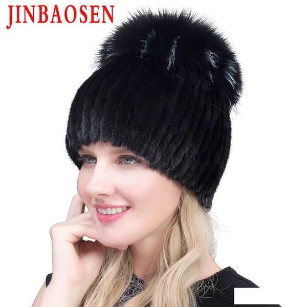 

jinbaosen 2019 fashion winter warm women knit caps mink hats with fox fur vertical woven top, Blue;gray
