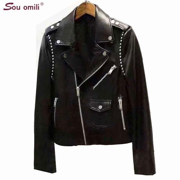 

2019 new rivet/ stud leather jacket women black jacket moto coat jaquetas couro casaco chaquetas chain punk belt punk