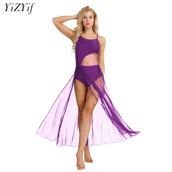 

женщины взрослых танцевальная одежда спагетти ремень рукавов лирический танец платье асимметричная сетка макси длина со встроенным купальник, Black;red