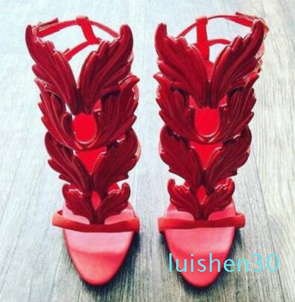 

2017 lady angel wings black nude rome wedge women golden leaf leather pumps shoes l30