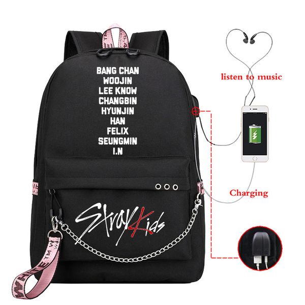 

black backpack women stray kids school bags for teenage girls felix bang chan fans usb charge lapback pack men bookbag