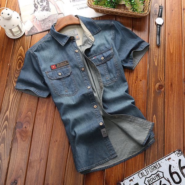 

new 2018 men's casual men's classic denim shirt summer short-sleeved shirt large size s-4xl, White;black