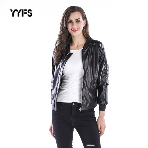 

2019 new fashion women autumn winter black faux leather jackets fashion zipper basic coat stand collar biker jacket with pockets