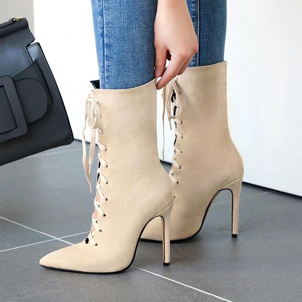 

sarairis 2020 plus size 48 dropship women shoes woman shoelaces pointed toe thin high heels party spring boots female, Black