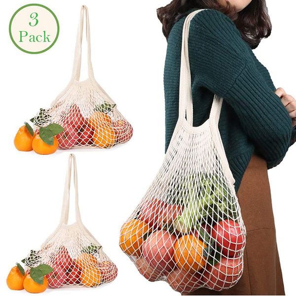 

shopping bags 3 pack reusable mesh bag washable cotton net grocery tote long handle organizer for fruit vegetable