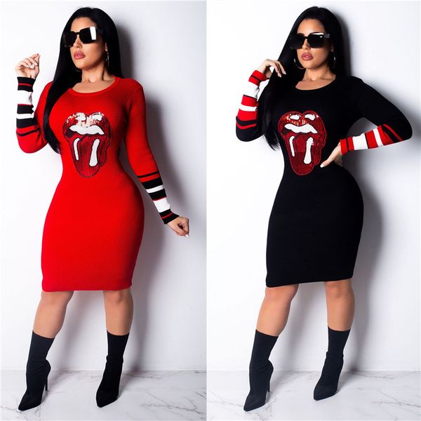 

Big Mouth Printed Designer Womens Dresses Panelled Sequins Long Sleeve Slim Laides Dresses Casual Womens Clothing