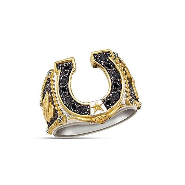 

new trendy gold silver double color black zircon western spirit wedding ring for man cowboy boots party ring jewelry, Slivery;golden