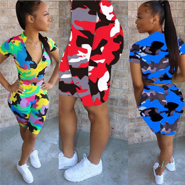

women tracksuit fahion zipper collar short sleeve t shirts crop shorts two piece set high waist camouflage sports suit d42101, Gray