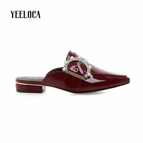 

yeeloca 2019 summer women slippers pointed toe low heels hoof heels outside slides metal decoration fashion woman shoes, Black