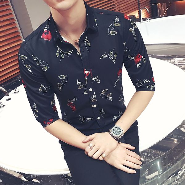 

summer hawaiian shirt men flower print short sleeve casual slim fit shirts men dress night club party streetwear social clothes, White;black
