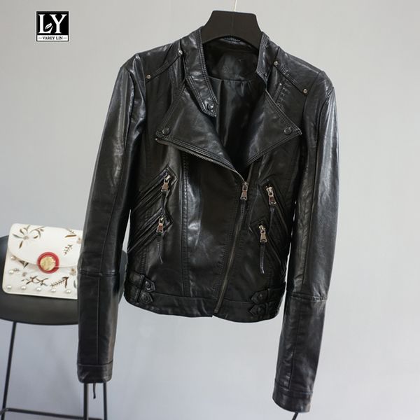 

ly varey lin autumn leather jacket coat turn-down collar black faux soft leather short design slim motorcycle female outerwear
