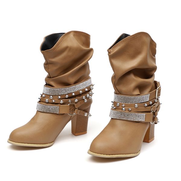 

boussac luxury rhinestone cowboy boots for women mid- calf vintage punk rivets western boots 43 size winter women swe0399, Black