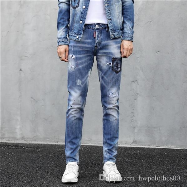 

мужские проблемные рваные джинсы байкер slim fit мотоцикл байкер мужские узкие джинсы модельер hip hop мужские бегуны, Blue