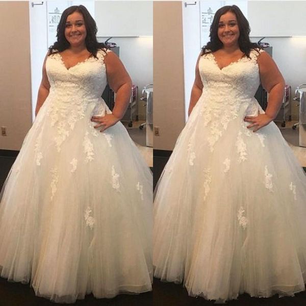 

plus size wedding dresses ball gown puffy tulle v neck sleeveless wedding gown appliques bridal dresses custom made, White